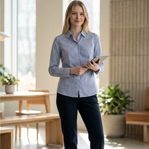 BOSS HUGO BOSS BLUE WHITE STRIPED RUCHED BUSINESS CASUAL SHIRT US SZ 12